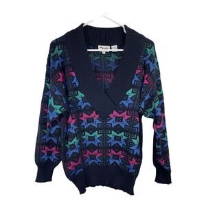 Vintage Duet Size Small Oversized V Front Colorful Sweater Sawtooth Star Pattern